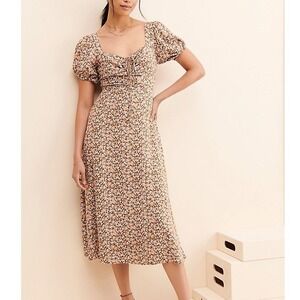 ASTR the Label Floral Midi Dress Size XS Milkmaid Cutouts Puff Sleeve Brown Pink